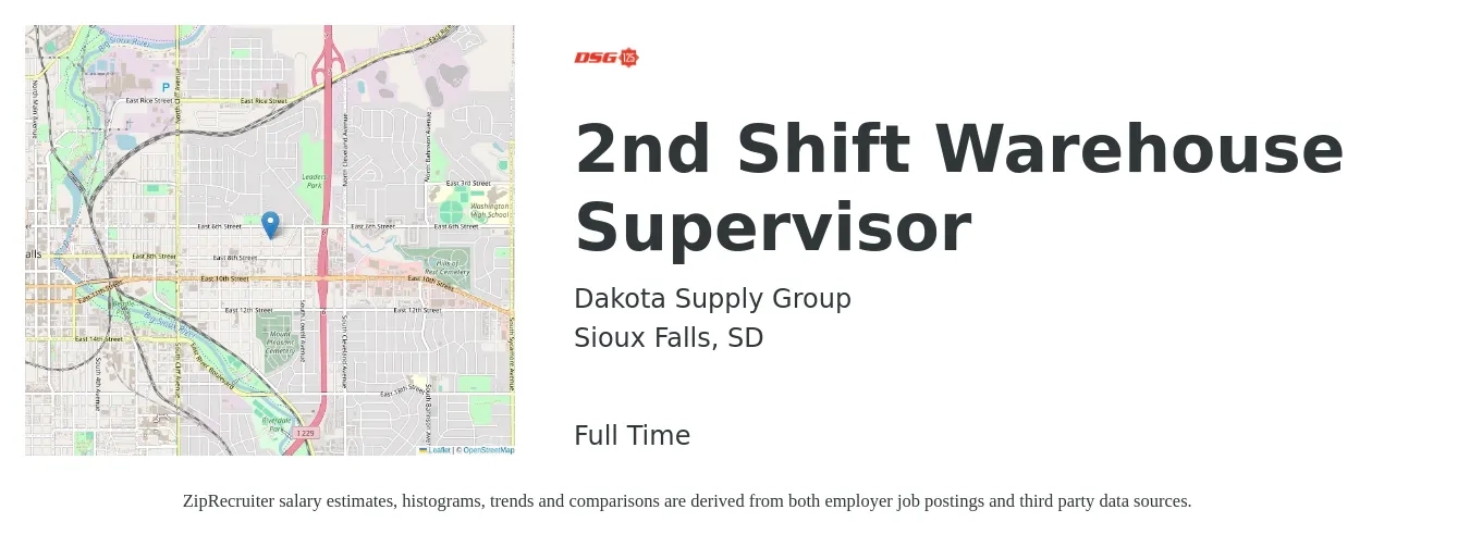 Dakota Supply Group job posting for a 2nd Shift Warehouse Supervisor in Sioux Falls, SD with a salary of $22 to $30 Hourly with a map of Sioux Falls location.