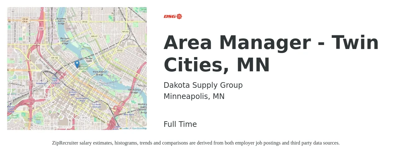 Dakota Supply Group job posting for a Area Manager - Twin Cities, MN in Minneapolis, MN with a salary of $40,200 to $74,600 Yearly with a map of Minneapolis location.