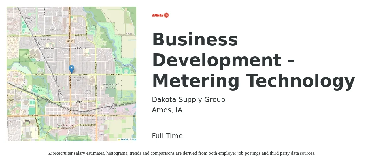 Dakota Supply Group job posting for a Business Development - Metering Technology in Ames, IA with a salary of $59,700 to $97,900 Yearly with a map of Ames location.