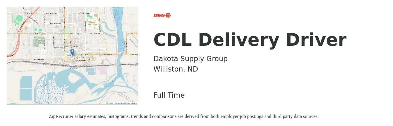 Dakota Supply Group job posting for a CDL Delivery Driver in Williston, ND with a salary of $20 to $30 Hourly with a map of Williston location.