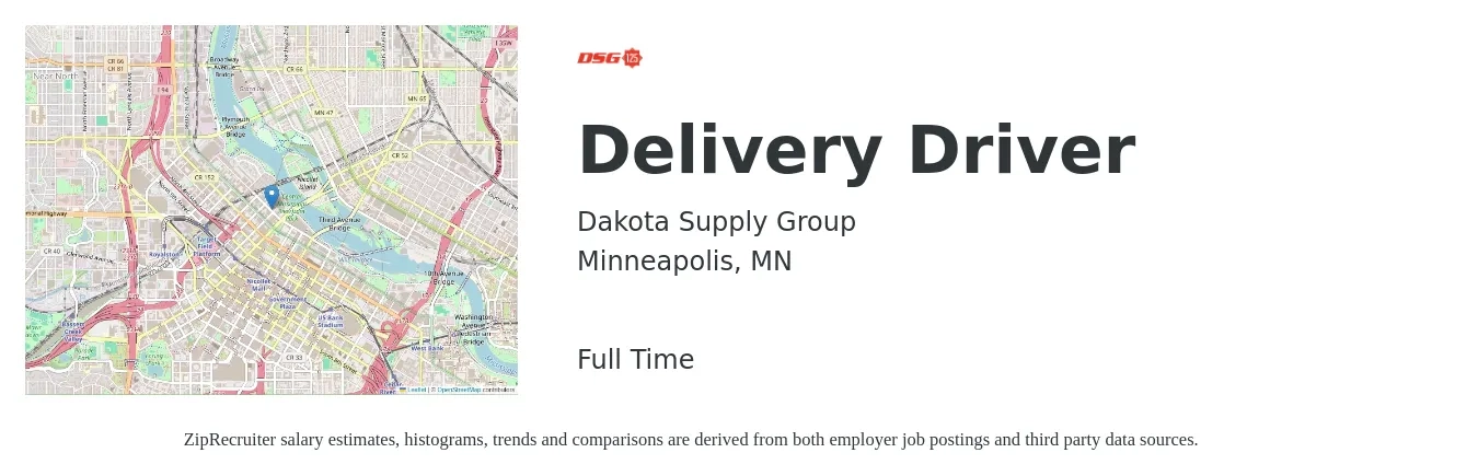 Dakota Supply Group job posting for a Delivery Driver in Minneapolis, MN with a salary of $18 to $22 Hourly with a map of Minneapolis location.
