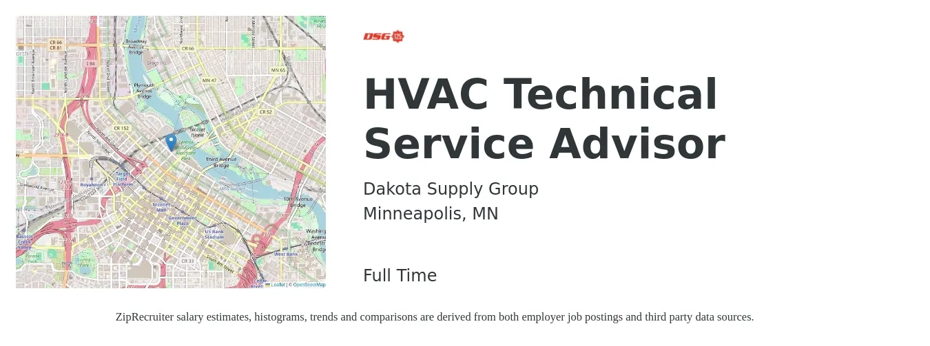 Dakota Supply Group job posting for a HVAC Technical Service Advisor in Minneapolis, MN with a salary of $121,100 to $121,600 Yearly with a map of Minneapolis location.