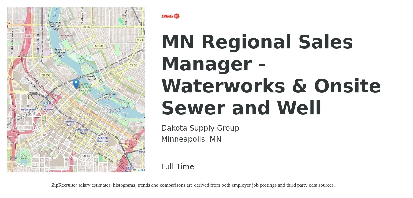 Dakota Supply Group job posting for a MN Regional Sales Manager - Waterworks & Onsite Sewer and Well in Minneapolis, MN with a salary of $75,200 to $117,400 Yearly with a map of Minneapolis location.