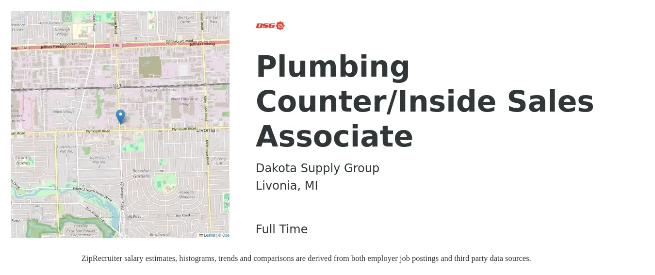 Dakota Supply Group job posting for a Plumbing Counter/Inside Sales Associate in Livonia, MI with a salary of $17 to $26 Hourly with a map of Livonia location.