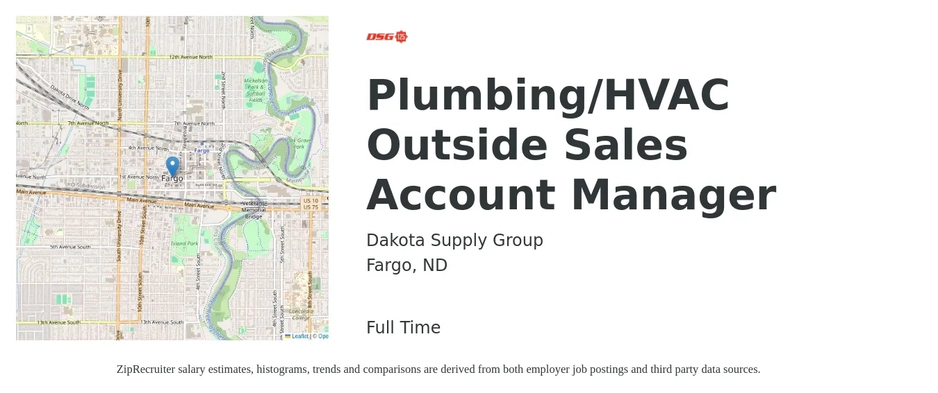 Dakota Supply Group job posting for a Plumbing/HVAC Outside Sales Account Manager in Fargo, ND with a salary of $63,800 to $91,300 Yearly with a map of Fargo location.