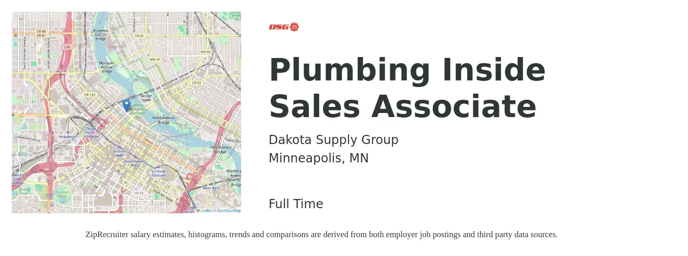 Dakota Supply Group job posting for a Plumbing Inside Sales Associate in Minneapolis, MN with a salary of $19 to $29 Hourly with a map of Minneapolis location.