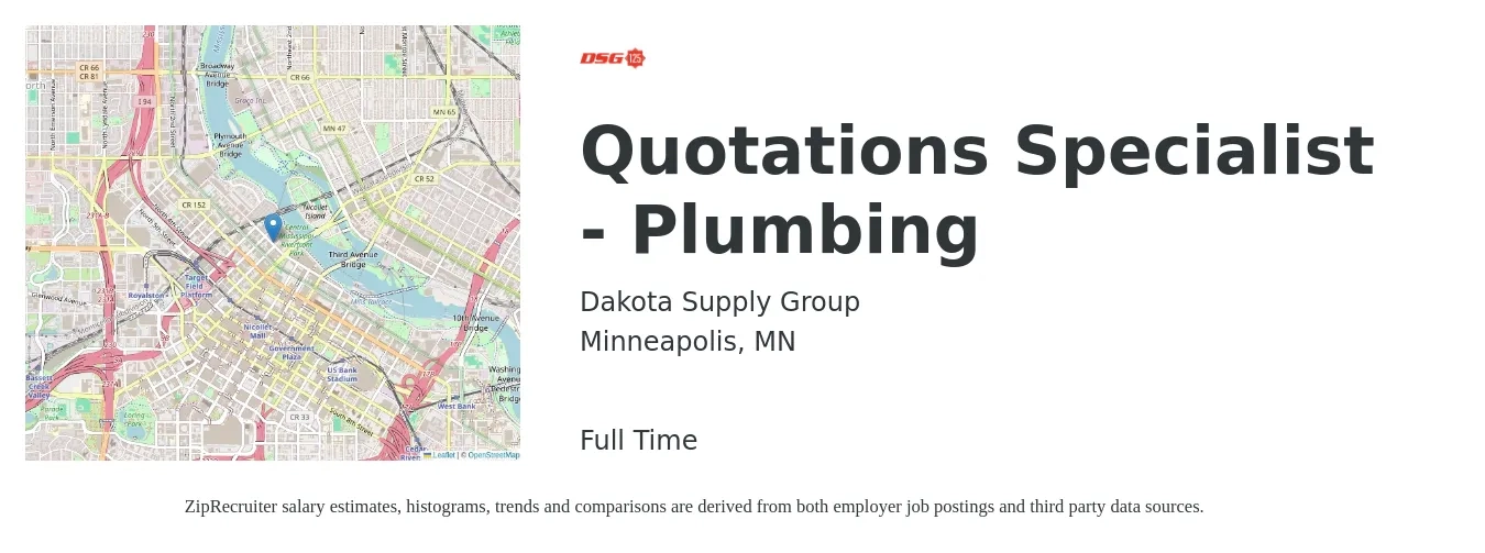 Dakota Supply Group job posting for a Quotations Specialist - Plumbing in Minneapolis, MN with a salary of $20 to $36 Hourly with a map of Minneapolis location.