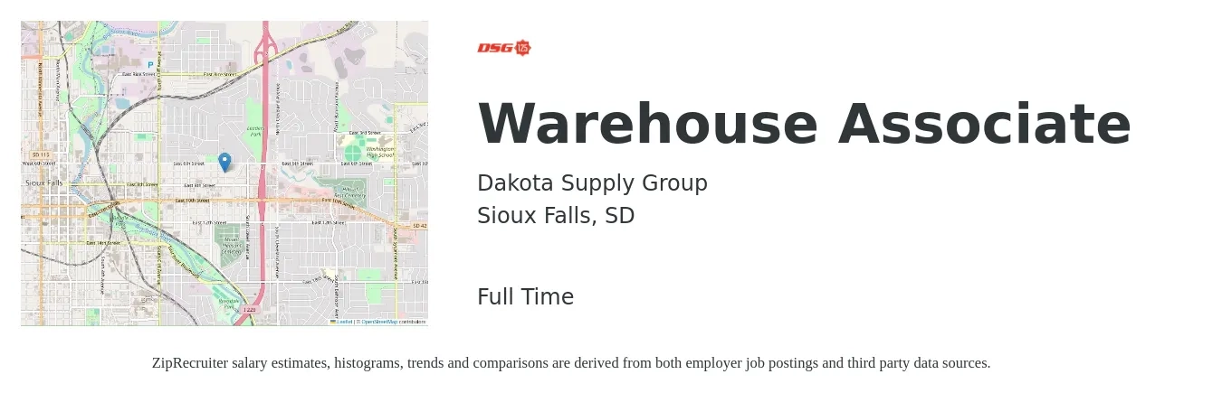 Dakota Supply Group job posting for a Warehouse Associate in Sioux Falls, SD with a salary of $16 to $18 Hourly with a map of Sioux Falls location.