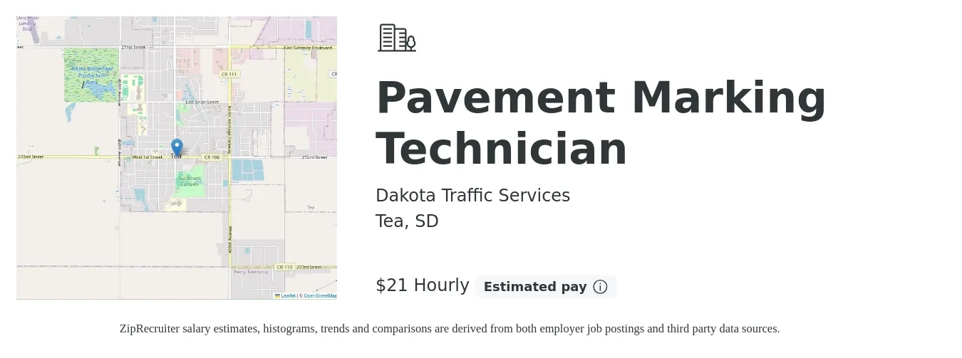 Dakota Traffic Services job posting for a Pavement Marking Technician in Tea, SD with a salary of $22 Hourly with a map of Tea location.
