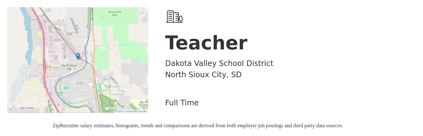 Dakota Valley School District job posting for a Teacher in North Sioux City, SD with a salary of $31,900 to $54,300 Yearly with a map of North Sioux City location.