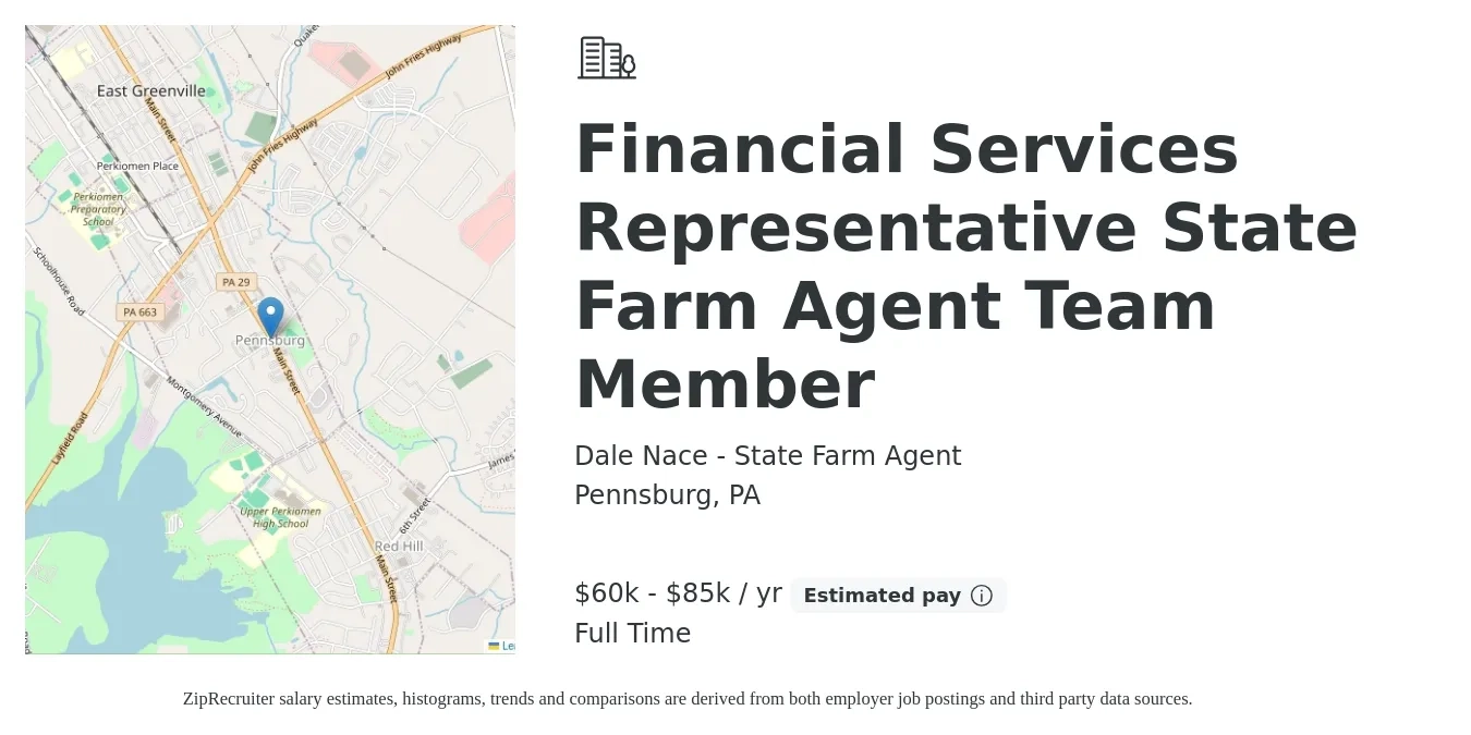 Dale Nace - State Farm Agent job posting for a Financial Services Representative State Farm Agent Team Member in Pennsburg, PA with a salary of $60,000 to $85,000 Yearly with a map of Pennsburg location.
