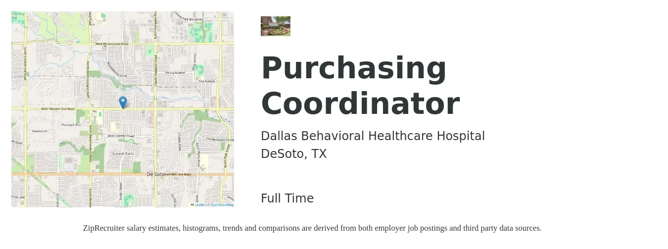 Dallas Behavioral Healthcare Hospital job posting for a Purchasing Coordinator in DeSoto, TX with a salary of $20 to $28 Hourly with a map of DeSoto location.