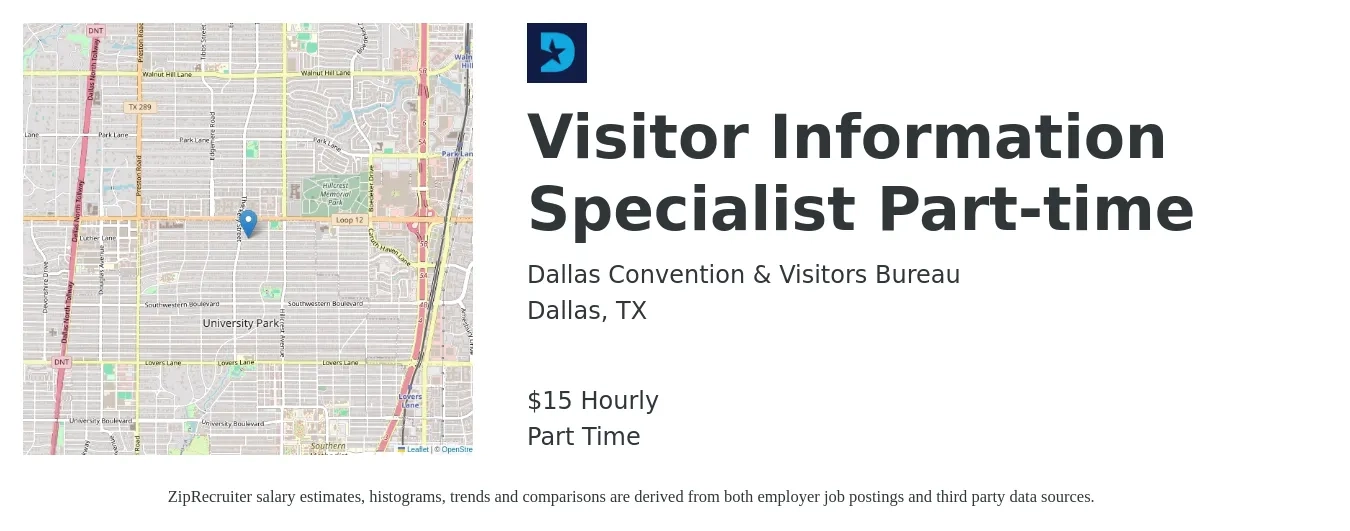 Dallas Convention & Visitors Bureau job posting for a Visitor Information Specialist Part-time in Dallas, TX with a salary of $16 Hourly with a map of Dallas location.