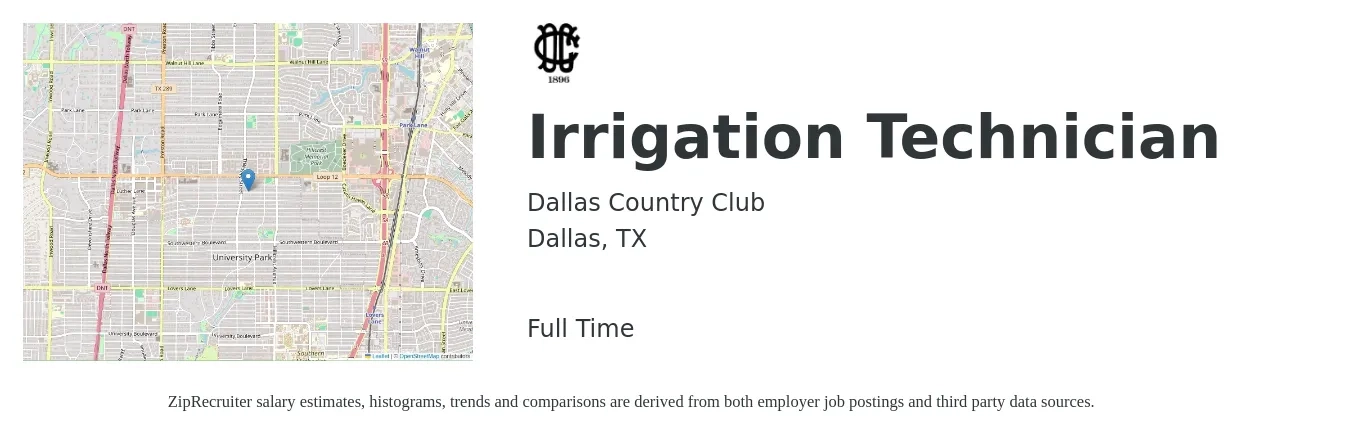Dallas Country Club job posting for a Irrigation Technician in Dallas, TX with a salary of $22 to $28 Hourly with a map of Dallas location.