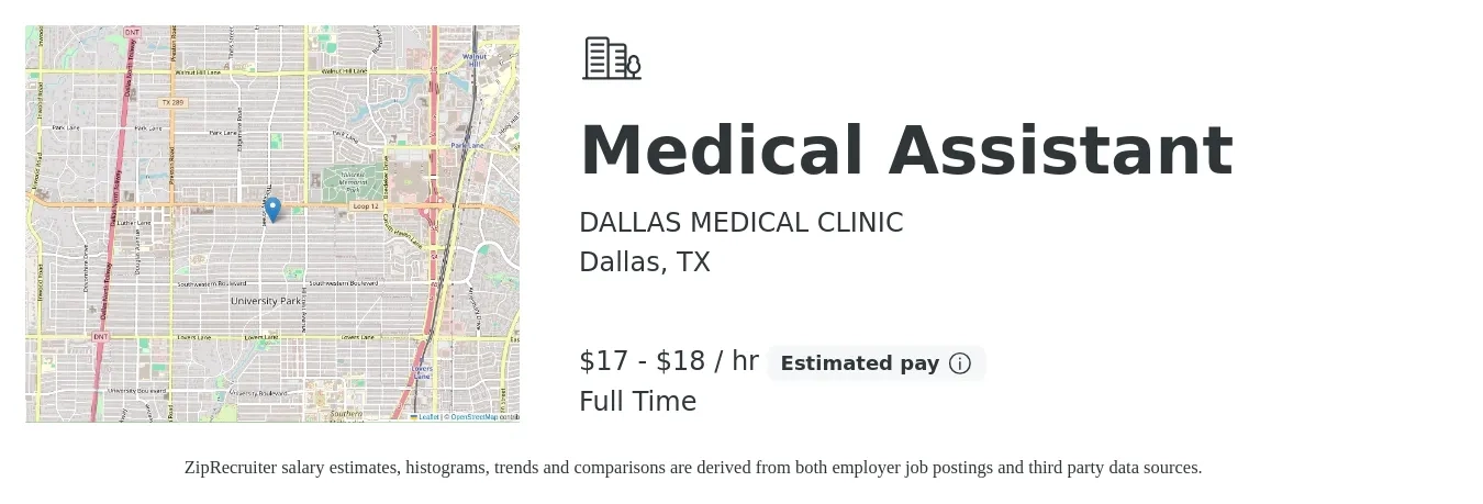 DALLAS MEDICAL CLINIC job posting for a Medical Assistant in Dallas, TX with a salary of $18 to $19 Hourly with a map of Dallas location.