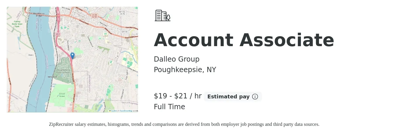 Dalleo Group job posting for a Account Associate in Poughkeepsie, NY with a salary of $20 to $22 Hourly with a map of Poughkeepsie location.