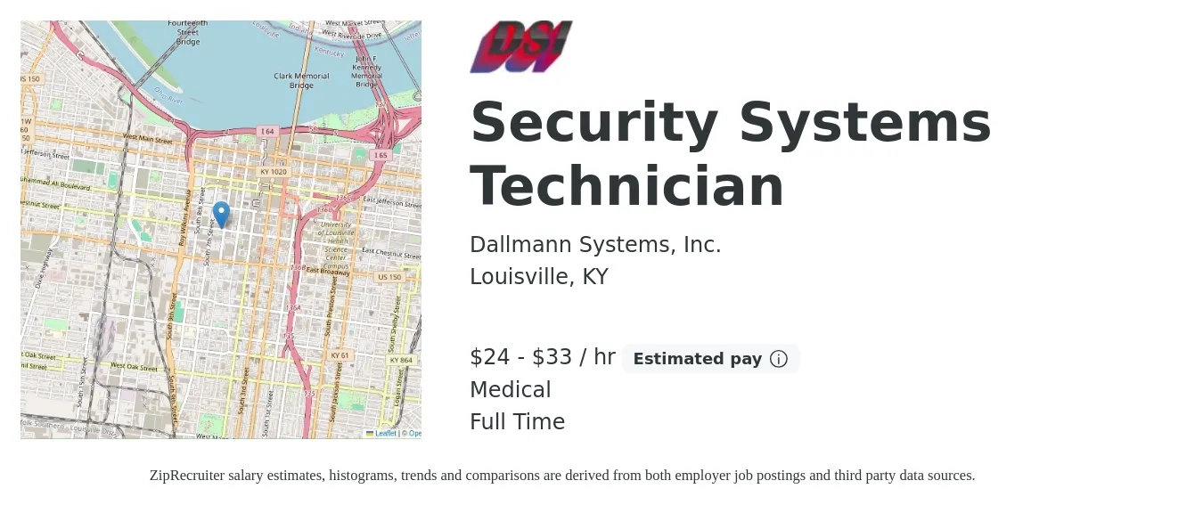 Dallmann Systems, Inc. job posting for a Security Systems Technician in Louisville, KY with a salary of $25 to $35 Hourly and benefits including medical, and retirement with a map of Louisville location.