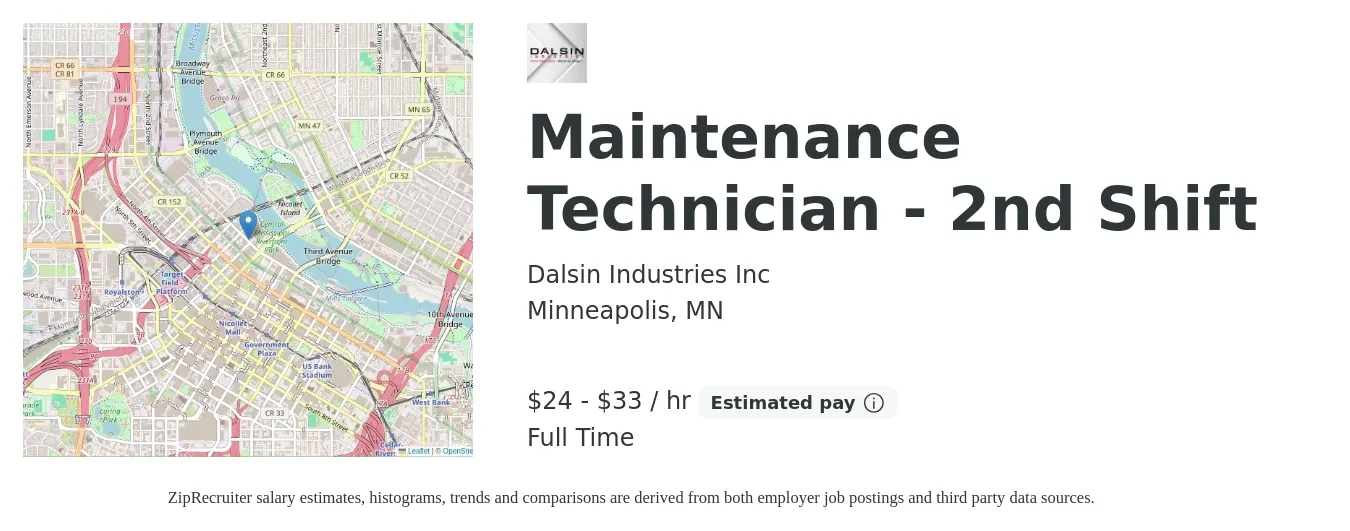 Dalsin Industries Inc job posting for a Maintenance Technician - 2nd Shift in Minneapolis, MN with a salary of $25 to $35 Hourly with a map of Minneapolis location.