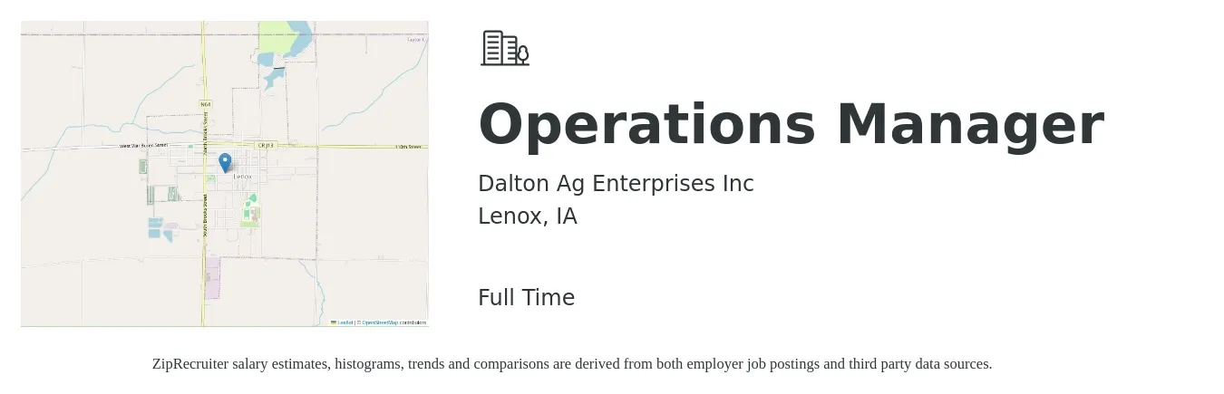 Dalton Ag Enterprises Inc job posting for a Operations Manager in Lenox, IA with a salary of $34,600 to $65,500 Yearly with a map of Lenox location.