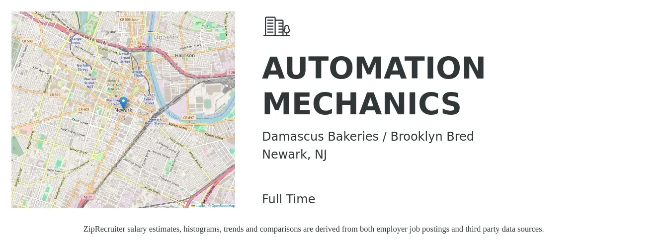Damascus Bakeries / Brooklyn Bred job posting for a AUTOMATION MECHANICS in Newark, NJ with a salary of $43,900 Yearly with a map of Newark location.