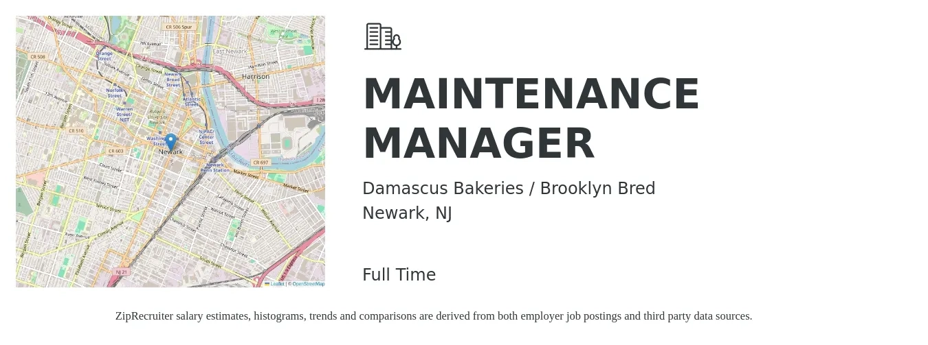 Damascus Bakeries / Brooklyn Bred job posting for a MAINTENANCE MANAGER in Newark, NJ with a salary of $25 to $42 Hourly with a map of Newark location.