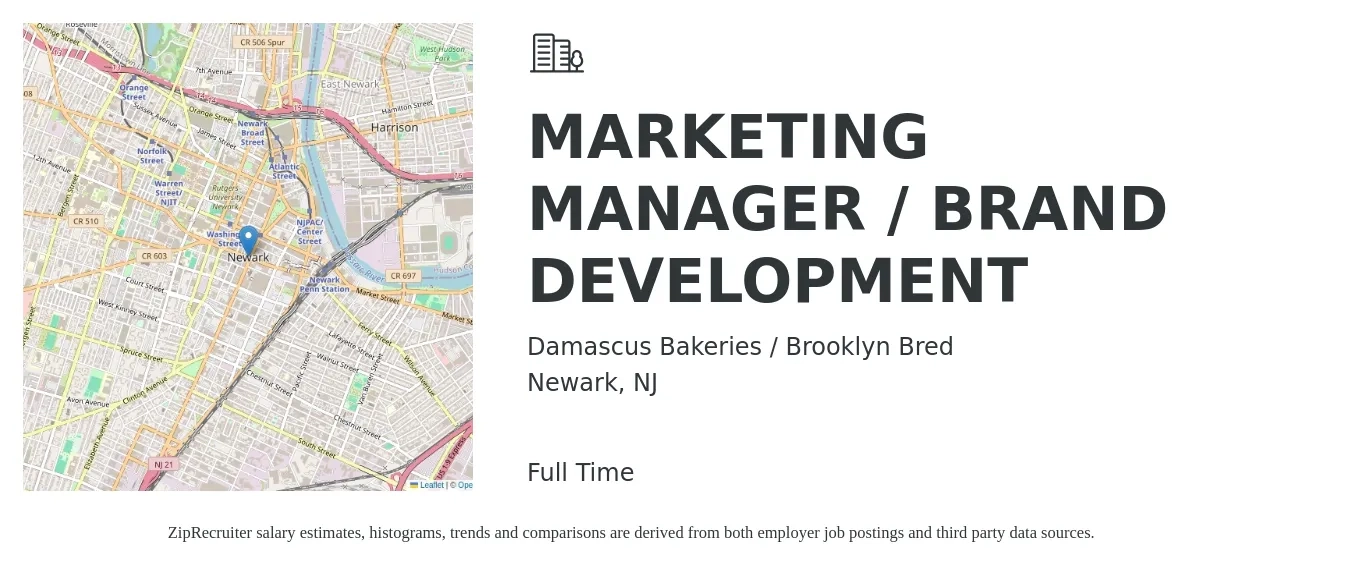 Damascus Bakeries / Brooklyn Bred job posting for a MARKETING MANAGER / BRAND DEVELOPMENT in Newark, NJ with a salary of $57,500 to $117,100 Yearly with a map of Newark location.