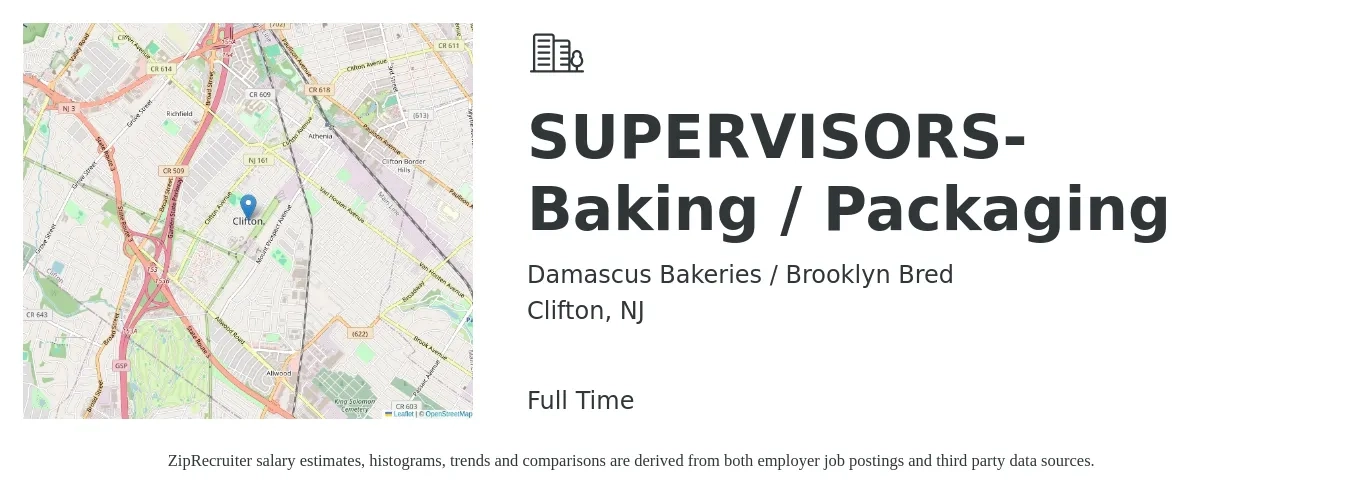 Damascus Bakeries / Brooklyn Bred job posting for a SUPERVISORS- Baking / Packaging in Clifton, NJ with a salary of $64,300 to $115,700 Yearly with a map of Clifton location.