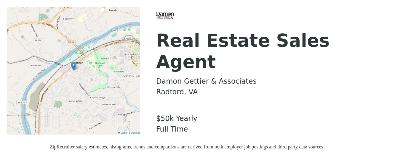 Damon Gettier & Associates job posting for a Real Estate Sales Agent in Radford, VA with a salary of $50,000 Yearly with a map of Radford location.