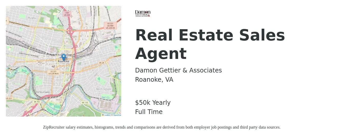Damon Gettier & Associates job posting for a Real Estate Sales Agent in Roanoke, VA with a salary of $50,000 Yearly with a map of Roanoke location.