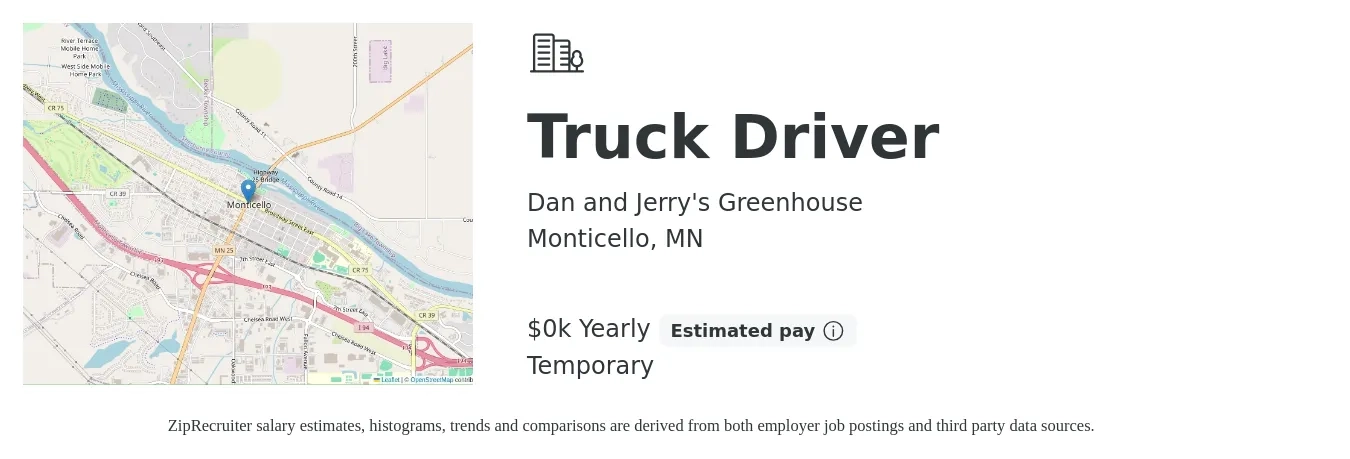 Dan and Jerry's Greenhouse job posting for a Truck Driver in Monticello, MN with a salary of $22 to $29 Yearly with a map of Monticello location.