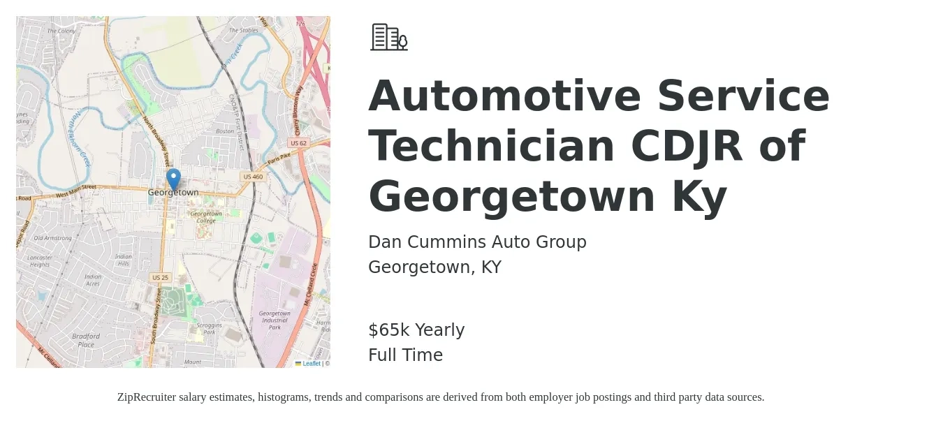 Dan Cummins Auto Group job posting for a Automotive Service Technician CDJR of Georgetown Ky in Georgetown, KY with a salary of $65,000 Yearly with a map of Georgetown location.