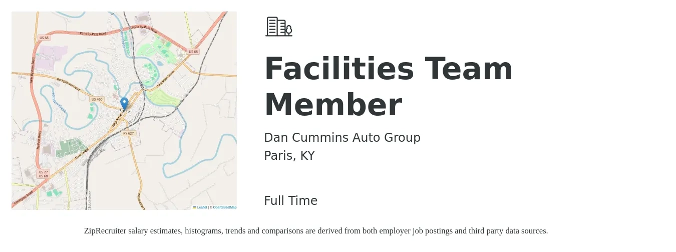 Dan Cummins Auto Group job posting for a Facilities Team Member in Paris, KY with a map of Paris location.