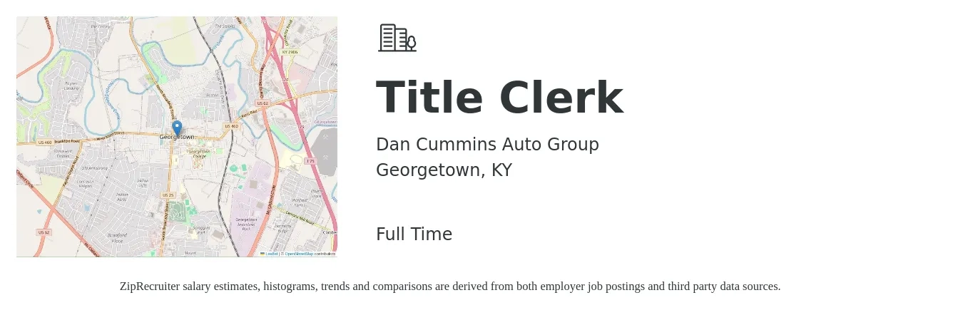 Dan Cummins Auto Group job posting for a Title Clerk in Georgetown, KY with a salary of $15 to $19 Hourly with a map of Georgetown location.