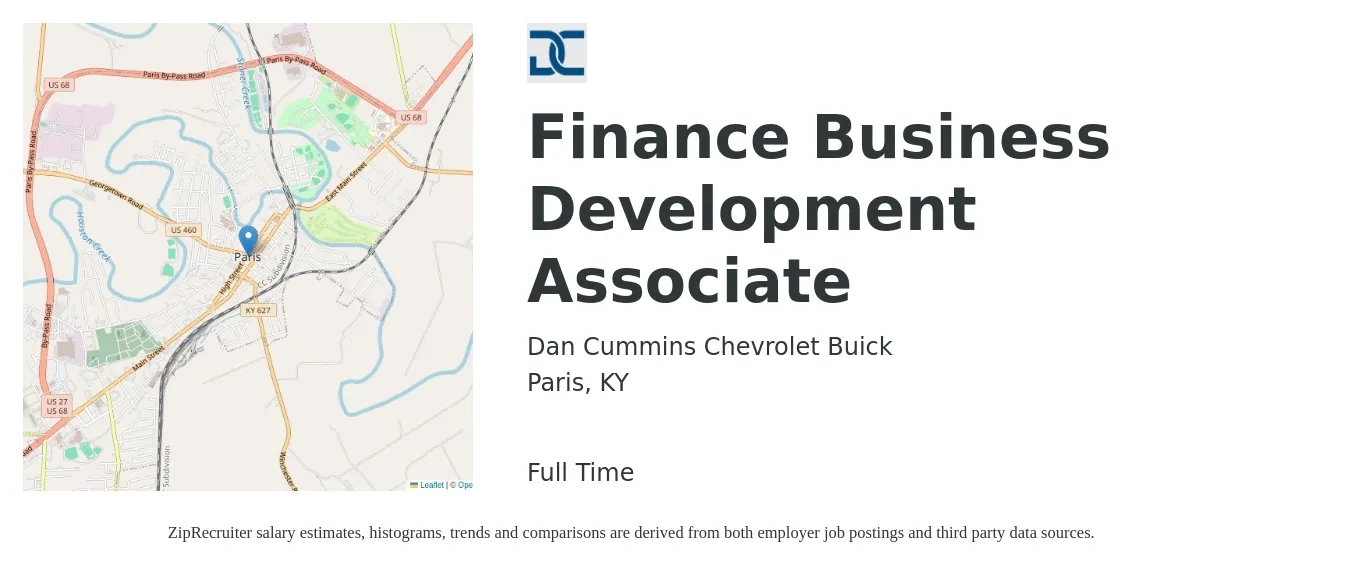 Dan Cummins Chevrolet Buick job posting for a Finance Business Development Associate in Paris, KY with a salary of $36,800 to $50,500 Yearly with a map of Paris location.