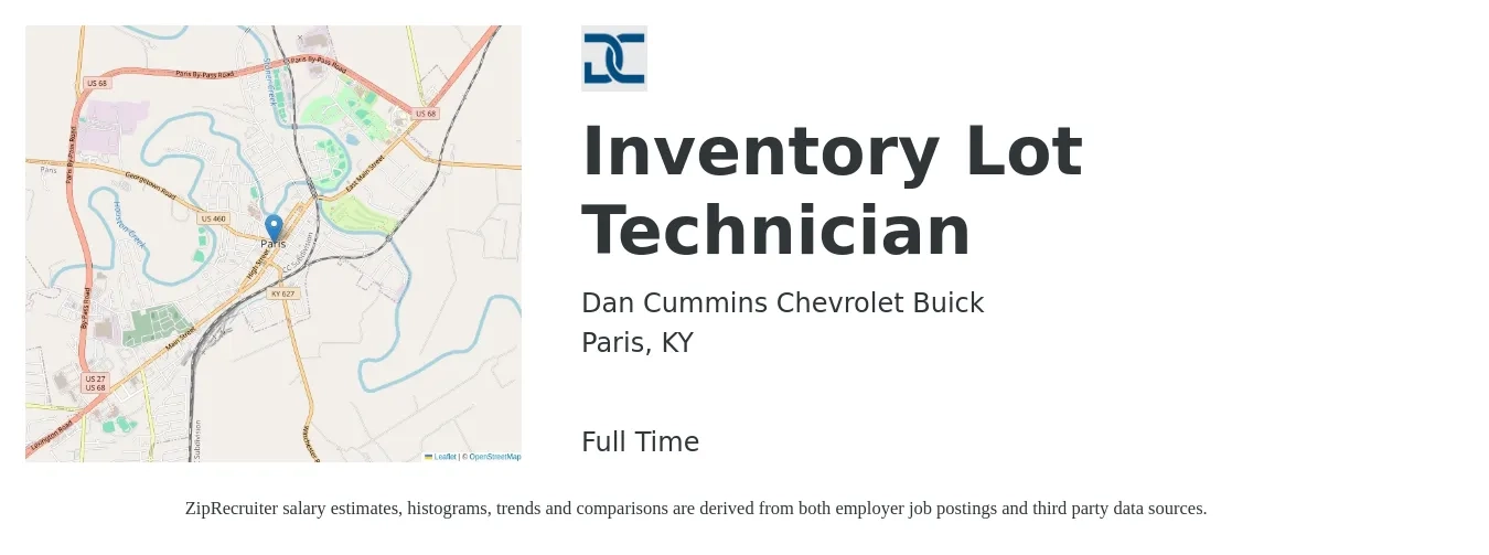 Dan Cummins Chevrolet Buick job posting for a Inventory Lot Technician in Paris, KY with a salary of $12 to $15 Hourly with a map of Paris location.