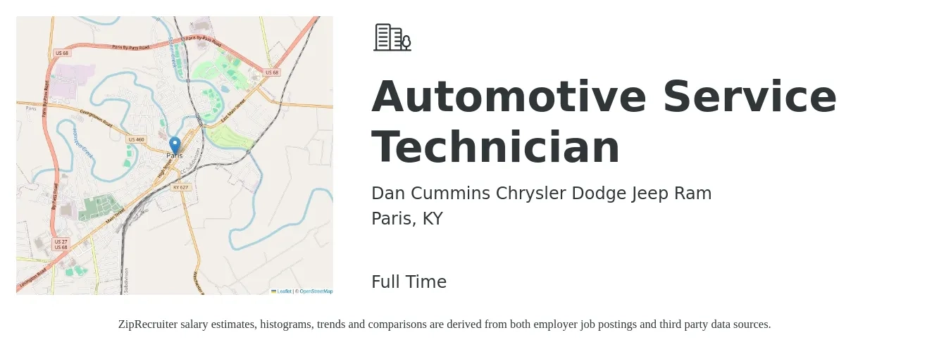 Dan Cummins Chrysler Dodge Jeep Ram job posting for a Automotive Service Technician in Paris, KY with a salary of $16 to $26 Hourly with a map of Paris location.