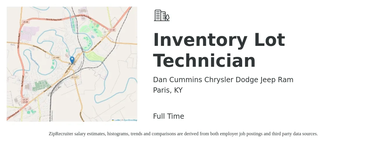 Dan Cummins Chrysler Dodge Jeep Ram job posting for a Inventory Lot Technician in Paris, KY with a salary of $12 to $15 Hourly with a map of Paris location.