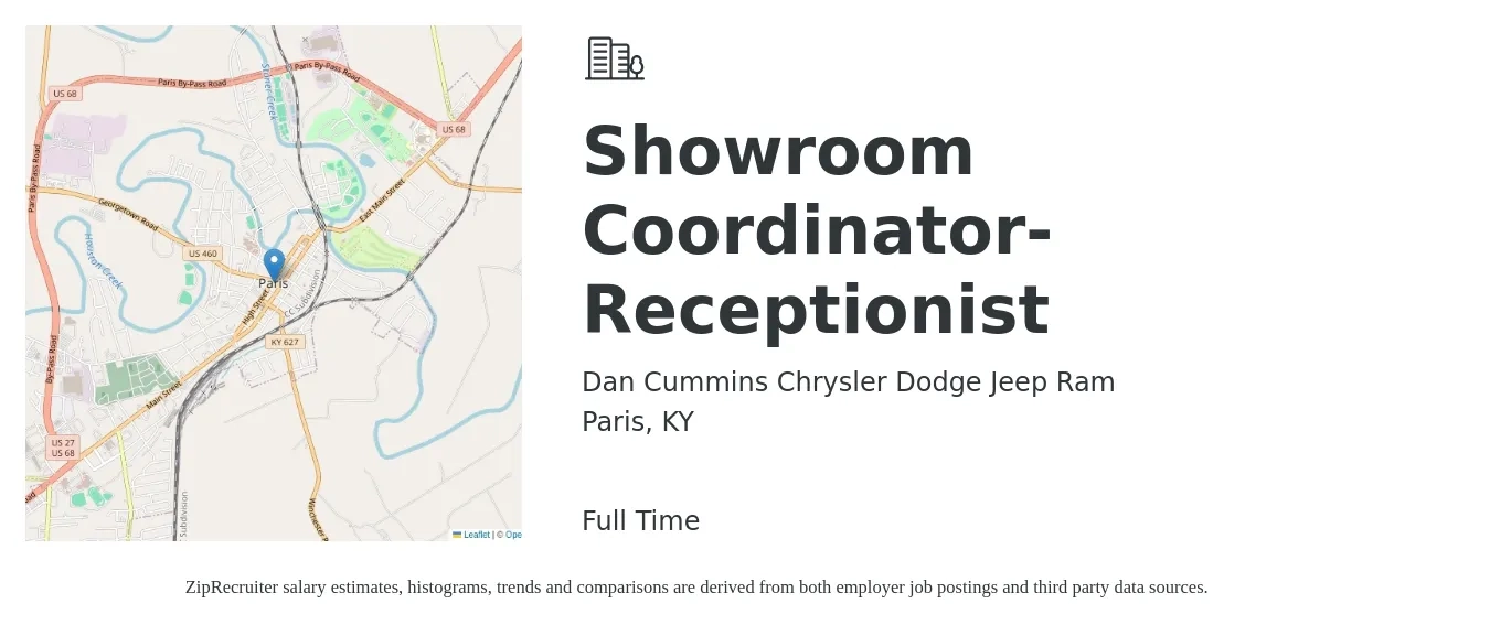 Dan Cummins Chrysler Dodge Jeep Ram job posting for a Showroom Coordinator- Receptionist in Paris, KY with a map of Paris location.