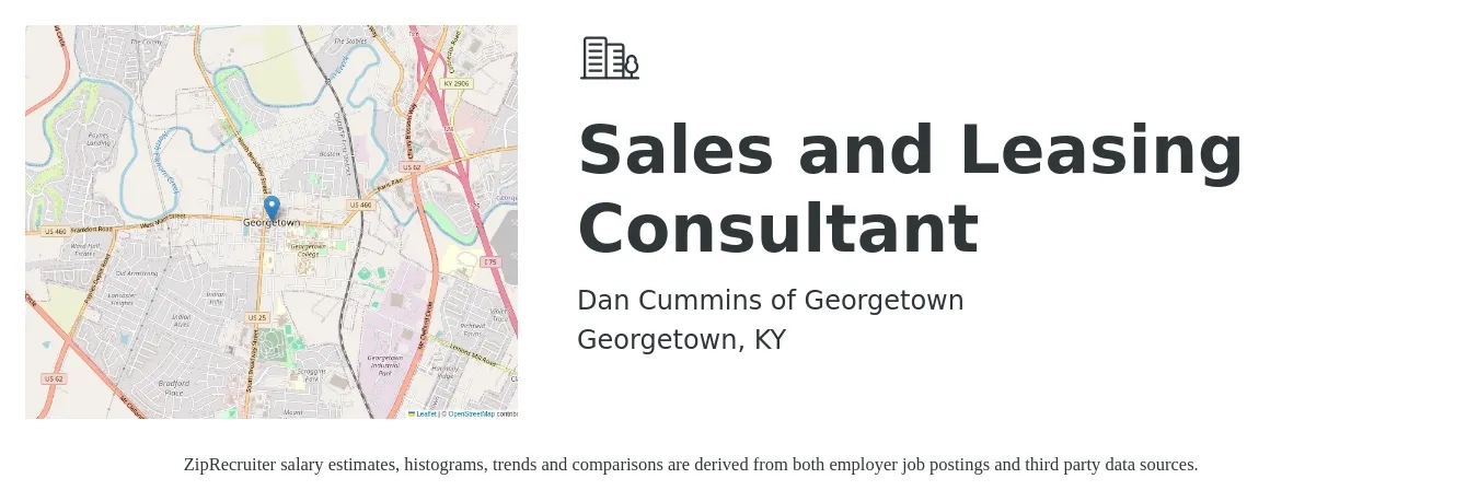 Dan Cummins of Georgetown job posting for a Sales and Leasing Consultant in Georgetown, KY with a salary of $35,200 to $80,800 Yearly with a map of Georgetown location.