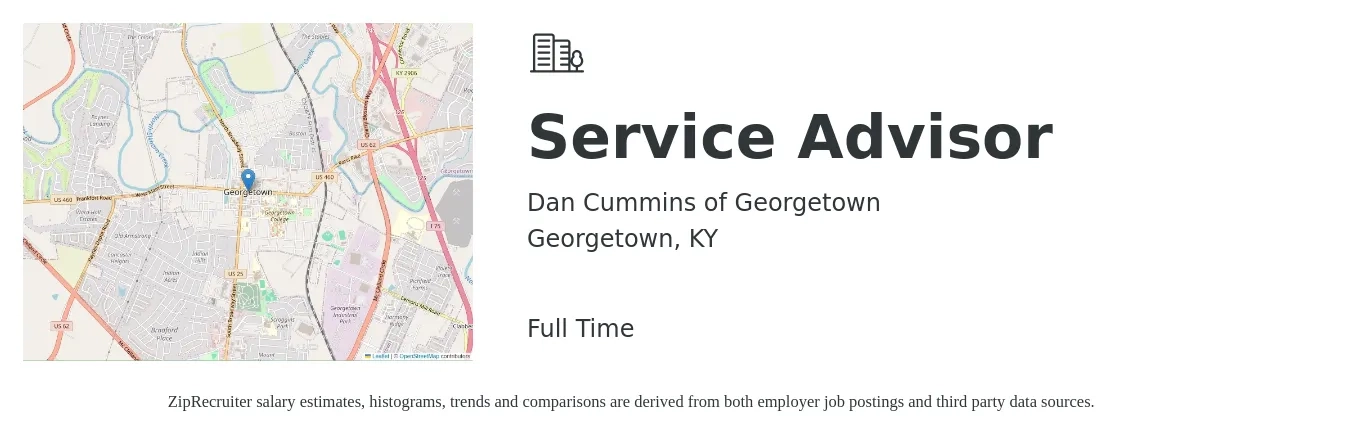 Dan Cummins of Georgetown job posting for a Service Advisor in Georgetown, KY with a salary of $18 to $28 Hourly with a map of Georgetown location.