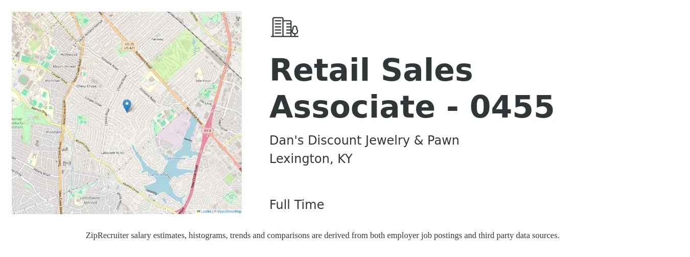 Dan's Discount Jewelry & Pawn job posting for a Retail Sales Associate - 0455 in Lexington, KY with a salary of $12 to $14 Hourly with a map of Lexington location.
