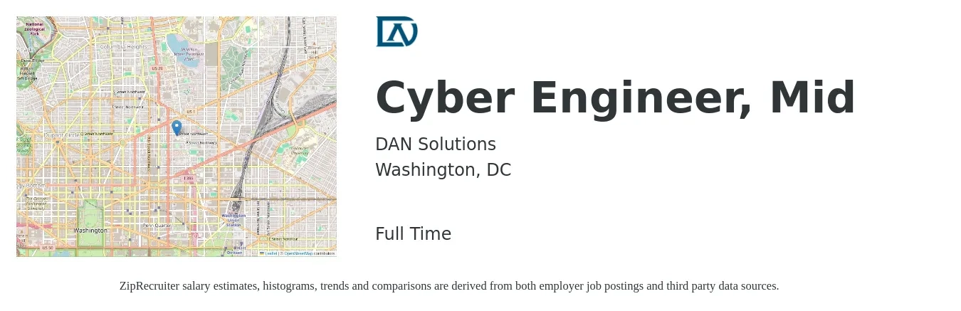 DAN Solutions job posting for a Cyber Engineer, Mid in Washington, DC with a salary of $115,500 to $160,800 Yearly with a map of Washington location.