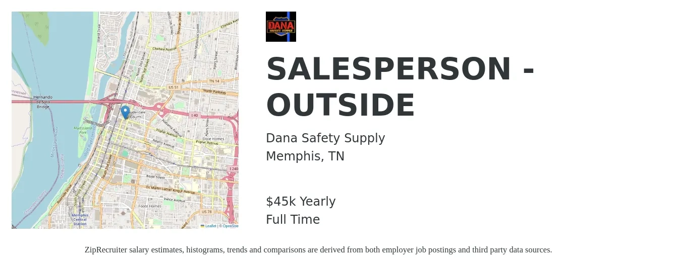 Dana Safety Supply job posting for a SALESPERSON - OUTSIDE in Memphis, TN with a salary of $45,000 Yearly with a map of Memphis location.