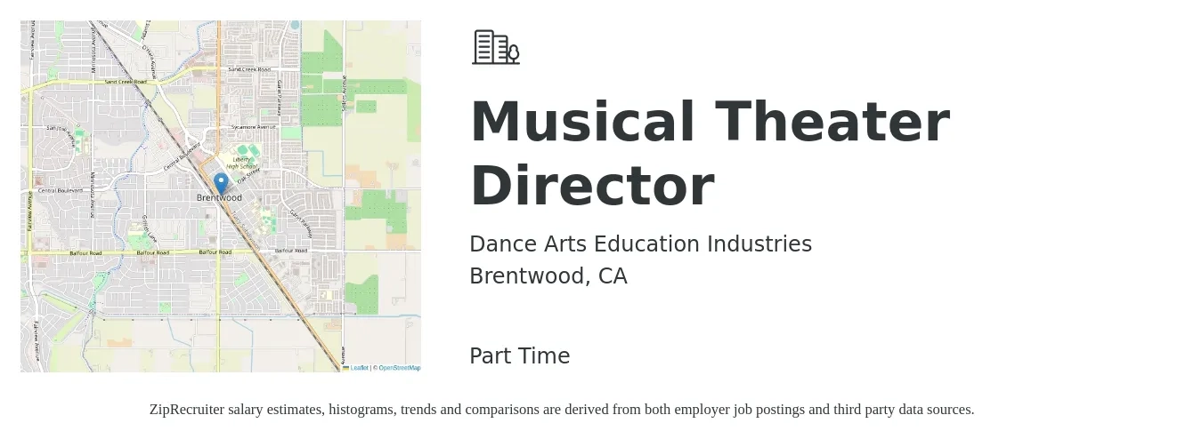 Dance Arts Education Industries job posting for a Musical Theater Director in Brentwood, CA with a map of Brentwood location.