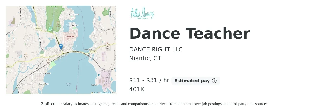 DANCE RIGHT LLC job posting for a Dance Teacher in Niantic, CT with a salary of $12 to $33 Hourly and benefits including 401k with a map of Niantic location.