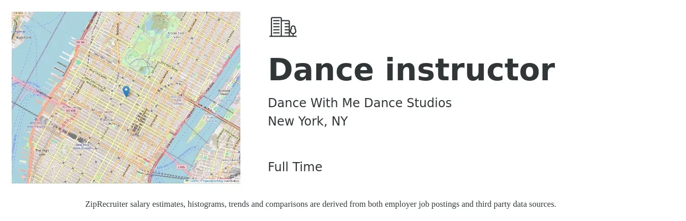 Dance With Me Dance Studios job posting for a Dance instructor in New York, NY with a salary of $30 to $40 Hourly with a map of New York location.