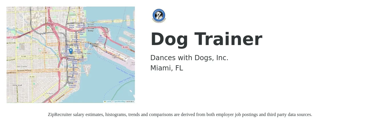 Dances with Dogs, Inc. job posting for a Dog Trainer in Miami, FL with a salary of $1,000 to $3,000 Monthly with a map of Miami location.