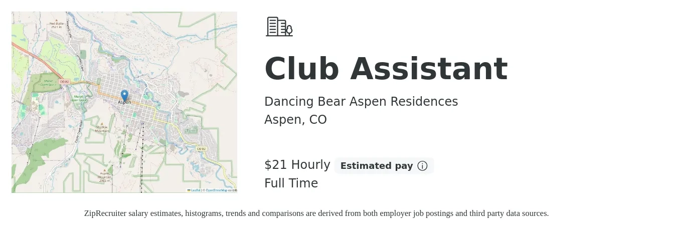 Dancing Bear Aspen Residences job posting for a Club Assistant in Aspen, CO with a salary of $22 Hourly with a map of Aspen location.