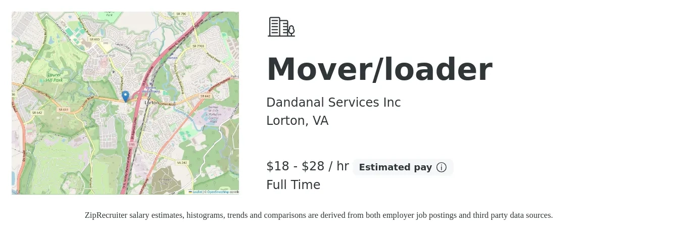 Dandanal Services Inc job posting for a Mover/loader in Lorton, VA with a salary of $19 to $30 Hourly (plus commission) with a map of Lorton location.