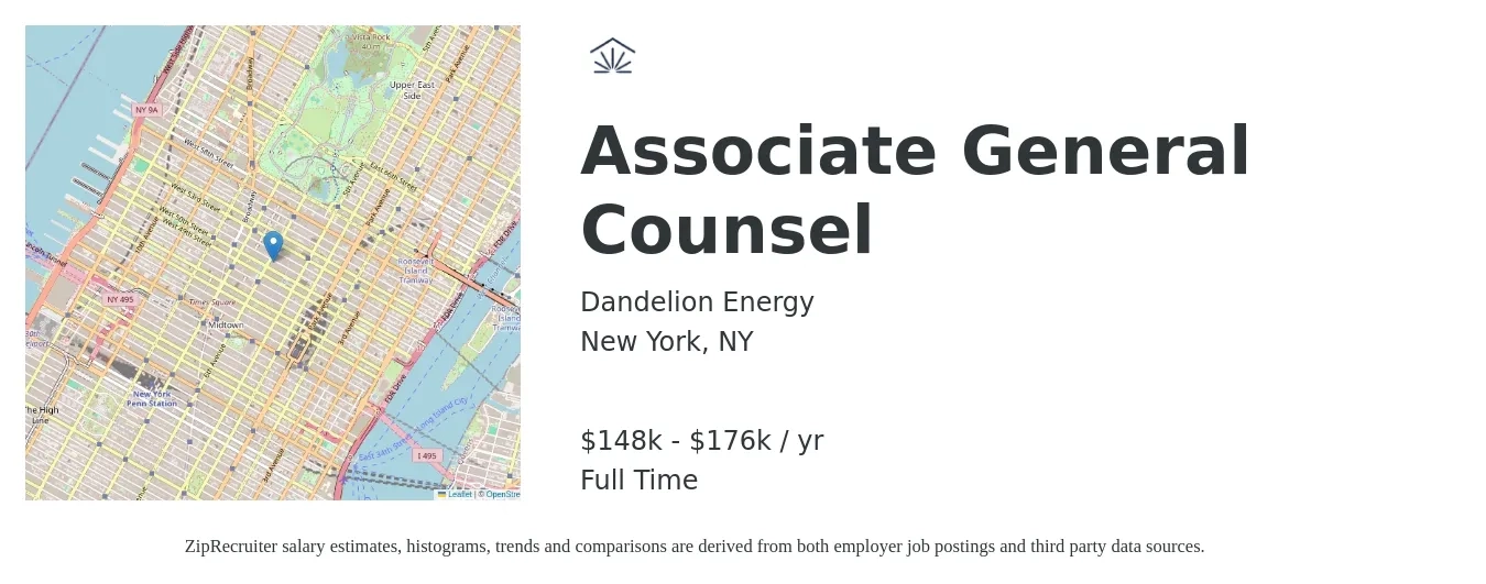 Dandelion Energy job posting for a Associate General Counsel in New York, NY with a salary of $148,000 to $176,000 Yearly with a map of New York location.